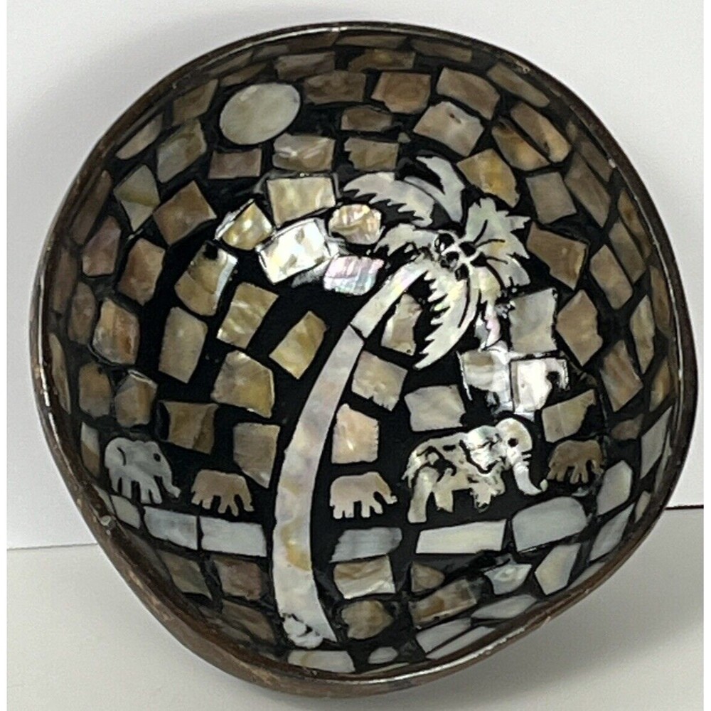 Coconut‎ Shell Bowl Mother of Pearl Elephant Palm Tree Trinket Dish Black Gold